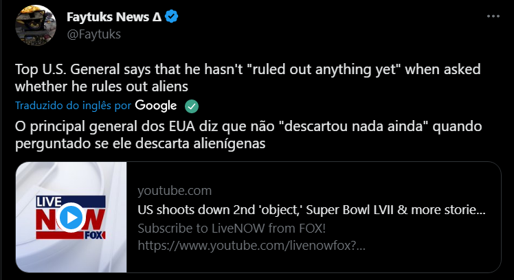 llisonSoares1's tweet photo. AGORA: Em entrevista um General do Alto Escalão ainda não descartou nada quando perguntado se esses OVNIS eram de origem extraterreste!
#china #ovni #flightradar24 #notam #skyvector #UFO #USA #michigan #canada #ovnis #huron https://t.co/O0KPG2ztpL