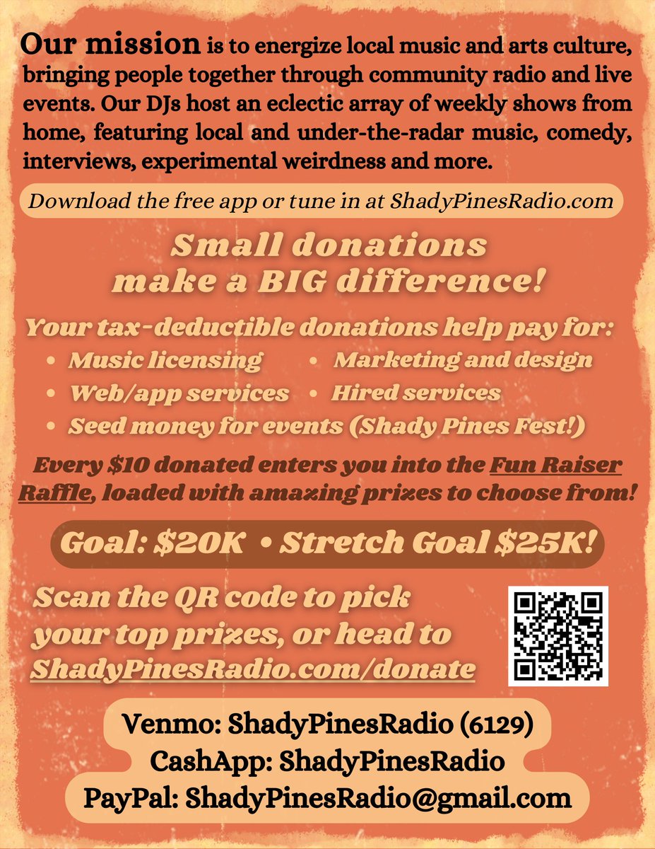 Yesterday we launched our 3rd annual Shady Pines Radio Fun Raiser! It goes through Sunday 2/19, just a little over a week. We have a TON of raffle prizes from local businesses, artists, and makers to give away to folks who donate, plus other perks! Shadypinesradio.com/donate