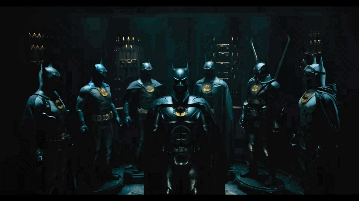 Brightened up my Screencap of the Batsuit Vault shot from #TheFlashMovie TV Spot, from Left to right:
- Year One (?) Batsuit w/ Holters
- Blue &amp; Grey Batsuit  (cloth body suit?)
- 1989 Batsuit 
- Main Batsuit for the film
- Returns Batsuit
- Underwater Batsuit
- Desert Batsuit