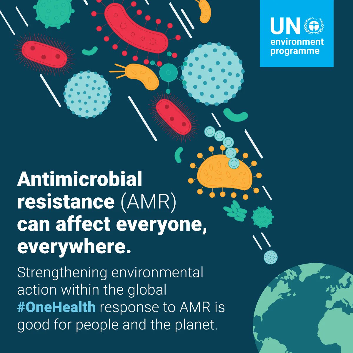UNEP's tweet photo. ⚠️ Climate change
⚠️ Biodiversity loss
⚠️ Pollution

The triple planetary crisis exacerbates the risks of #AntimicrobialResistance.

Now is the time for collective action and a #OneHealth approach.

https://t.co/YurYDTI6pg https://t.co/tssjnS4ar5