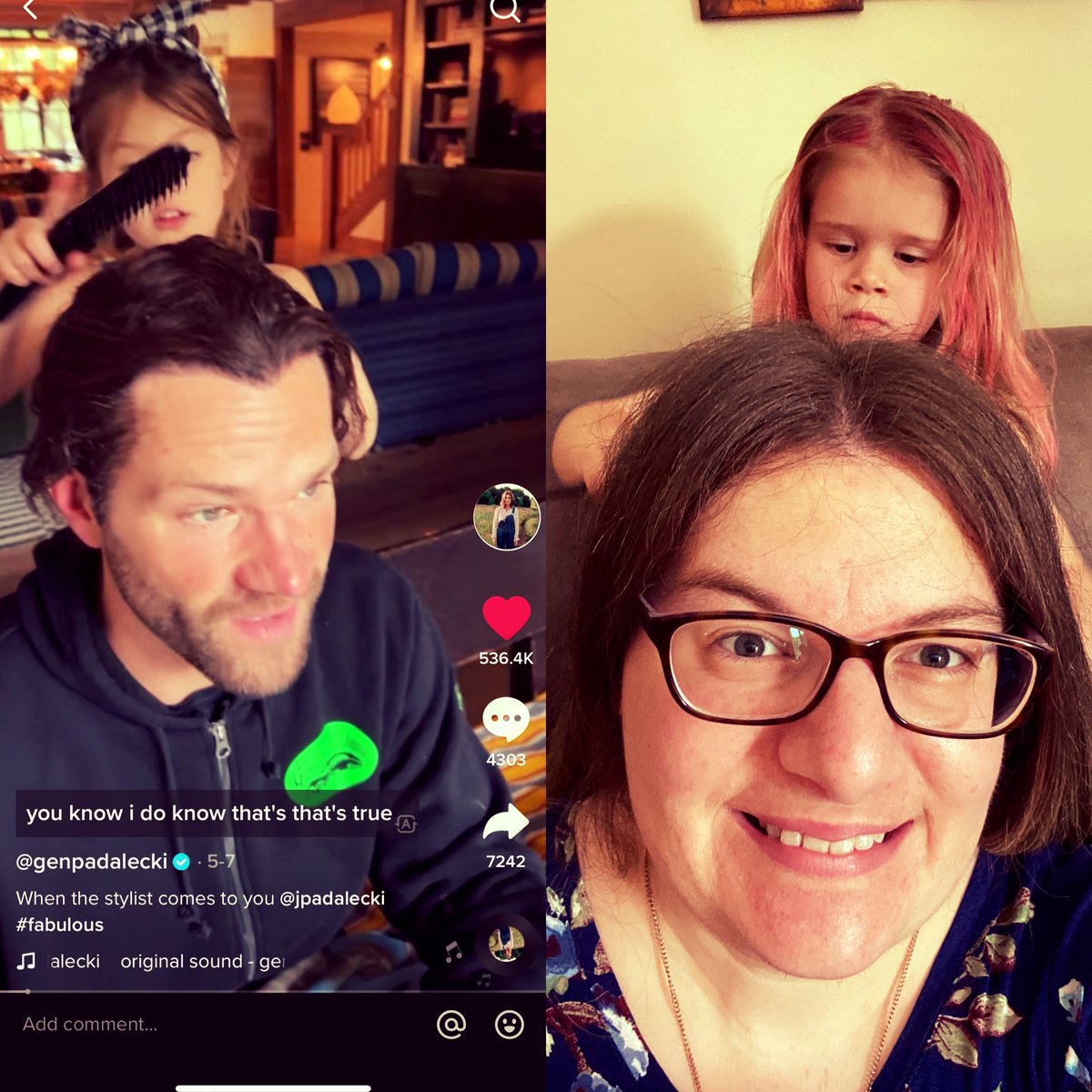 Abbydavis0623's tweet photo. Taking lt back to when #odettepadalecki did daddy @jarpad hair and then my niece out of the blue did mine 🥰♥️🤣💓💝 #weloveyoujaredpadalecki photo screenshot from @GenPadalecki tiktok video #thelittlethings 💖 https://t.co/vm7M3gJ06h