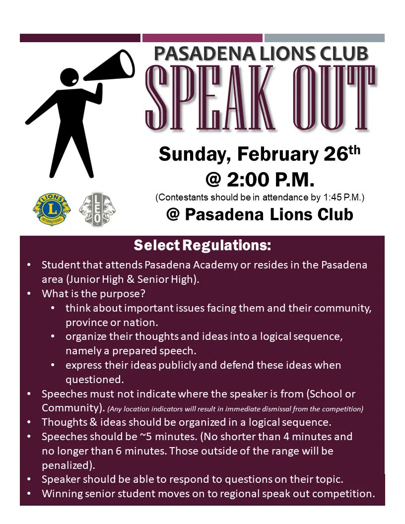 Speak Out is coming up! Open to Pasadena students/ residents in grades 7-12. Students in grades 10-12 have the opportunity to advance to the zone competition.