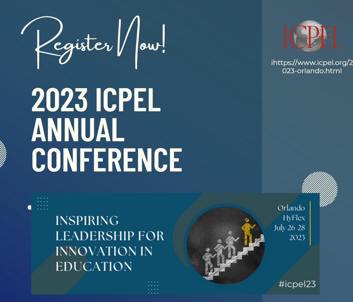Registration for the 2023 ICPEL Annual Conference is now OPEN! If you are an educator who would like to discuss innovation in education, this is the conference for you! icpel.org/2023-orlando.h… #icpel23 #elwb #edleadership #highereducation #educationalleadership #conference2023