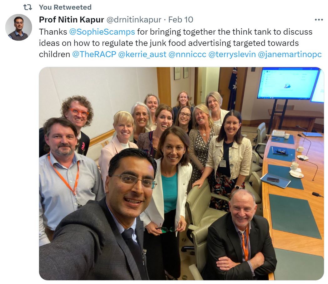 The RACP congratulates and thanks PCHD President @drnitinkapur, @SophieScamps and @janemartinopc for their ongoing advocacy for the health and wellbeing of children. They've also been tackling the environmental drivers of obesity in our children. #brandsoffourkids #kidscatchup