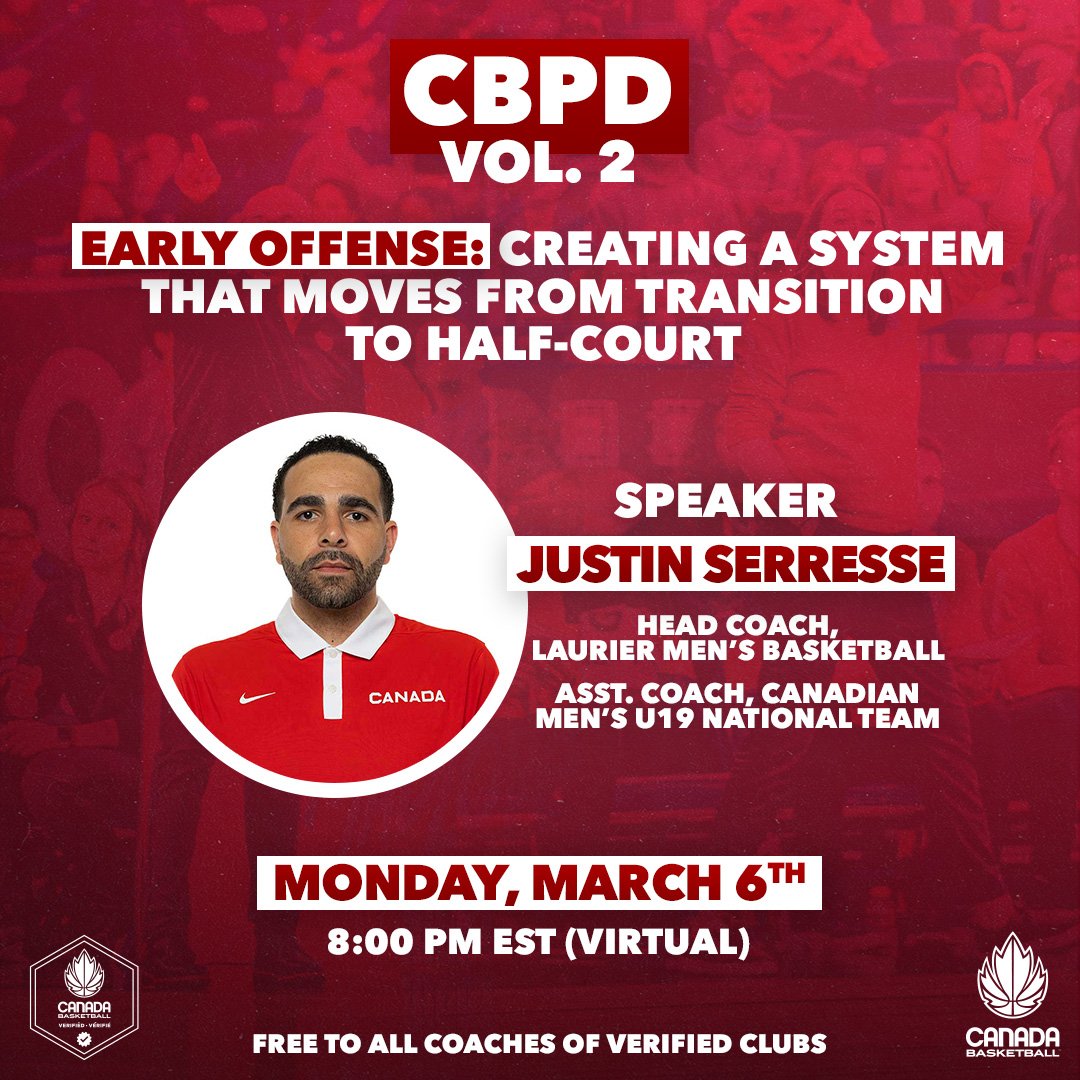 CanBball's tweet photo. NEXT MONDAY 🚨

Vol. 2 of the Canada Basketball Professional Development session kicks-off with @JustinTchounou!

Register today: https://t.co/gyxH1fpqg4

General fee is $10. FREE for all coaches apart of a verified program.

#CBPD #CanadaBasketball https://t.co/n02pwFyWQB