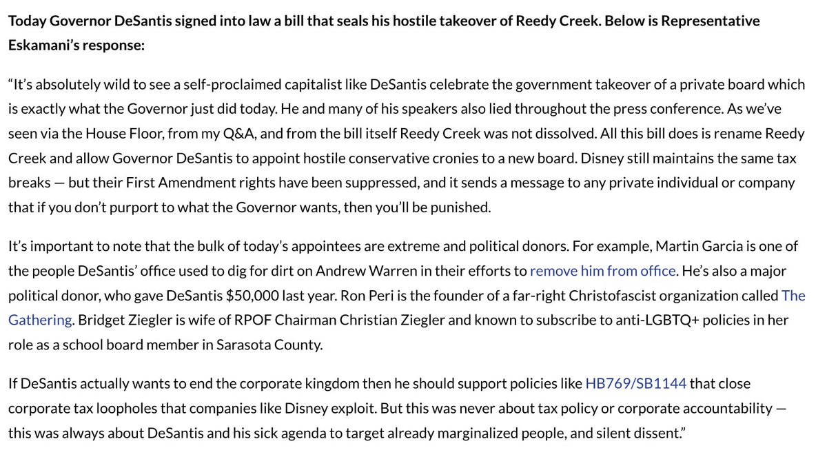 Today Governor DeSantis signed into law a bill that seals his hostile takeover of Reedy Creek. Below is Representative Eskamani’s response.

You can also read it here: annaforflorida.com/2023/02/27/rep…