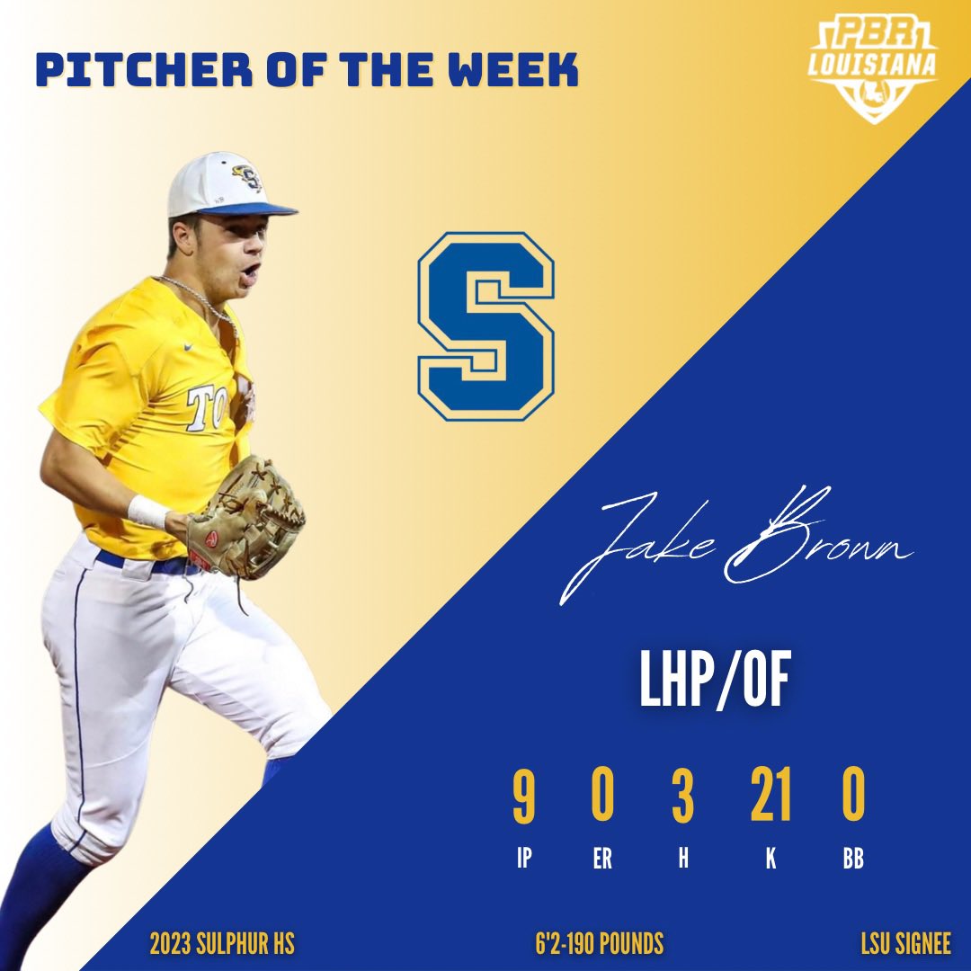 ⭐️ Pitcher of the Week (Week 1) ⭐️

2023 Jake Brown (Sulphur HS)

<a href="/LSUbaseball/">LSU Baseball</a> recruit

Tossed 9 shutout innings giving up only 3 hits with 21 K’s and 0 BB.  Also, belted 3 HR on the week as well.  #BeSeen

<a href="/prepbaseball/">Prep Baseball</a> | <a href="/ShooterHunt/">Shooter Hunt</a> 

🔗 loom.ly/xR_aOso