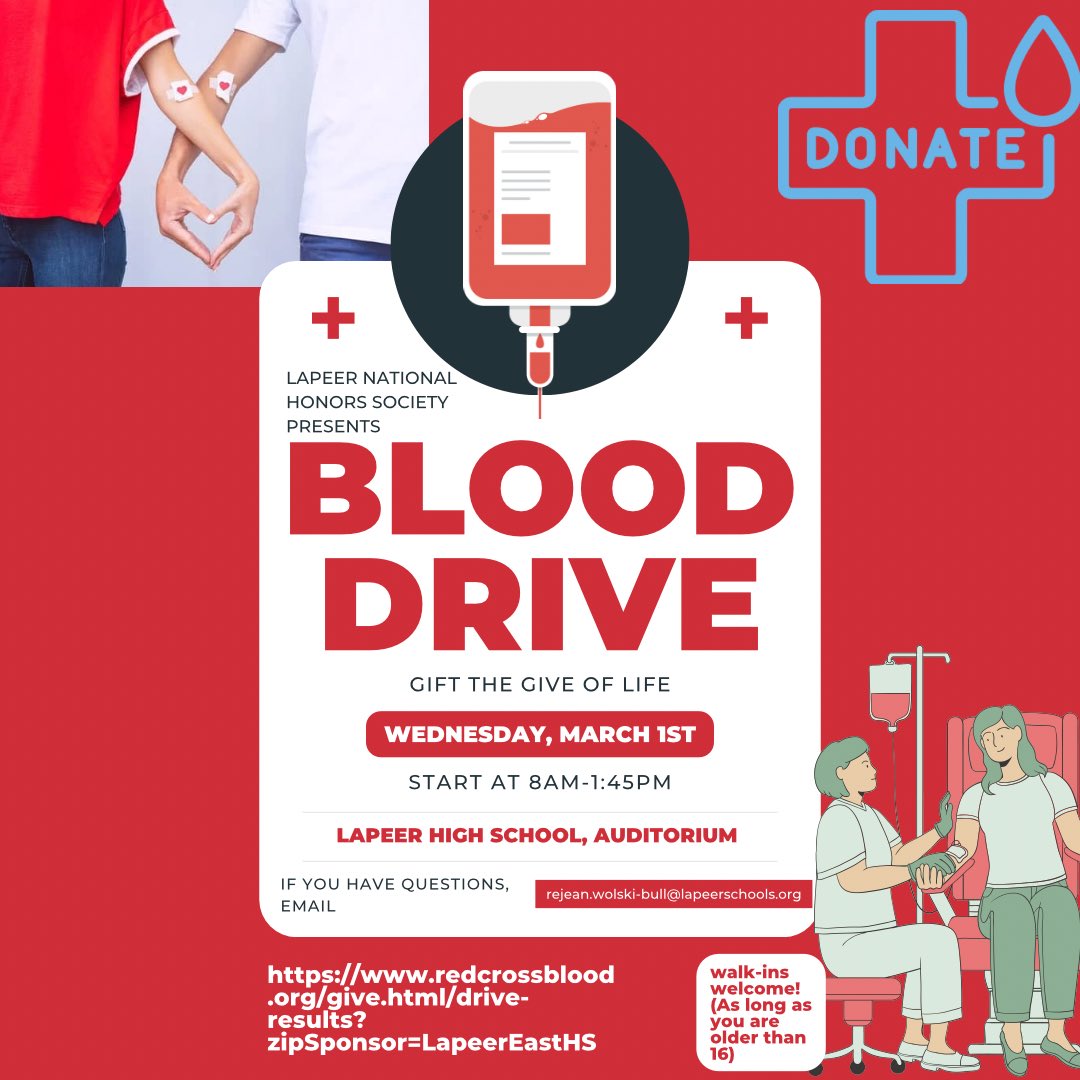 LapeerNatHonSoc's tweet photo. Sign up if you haven’t and help give the gift of life! If you are 16, you need a slip with parent permission. If you have any questions, email Mrs. Wolski or talk to her in room G-64.
 https://t.co/Bkk7c09SXj https://t.co/Dpn42eOBV1