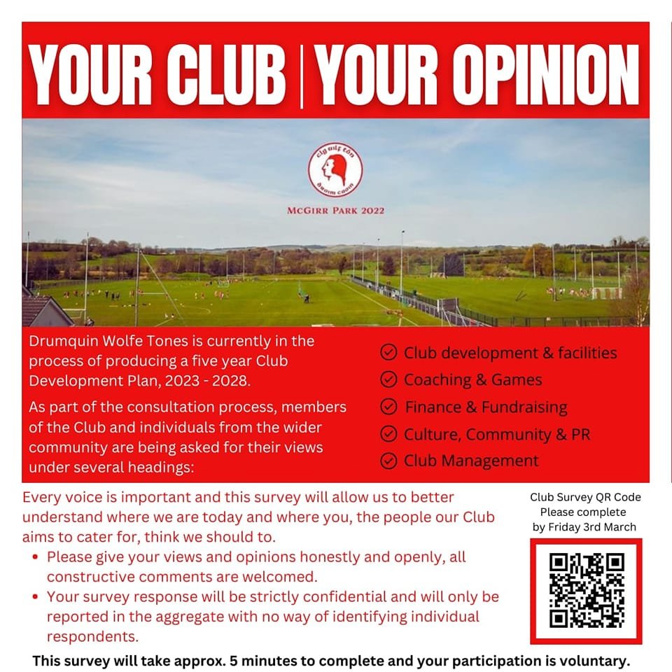 We are asking all our Club Members and people from our wider community to complete our survey and give us your opinion. 

The survey should take around 5 mins to complete and is completely confidential.

Just click on the link below or use the QR Code.

 forms.office.com/e/rH8PHNqXrV