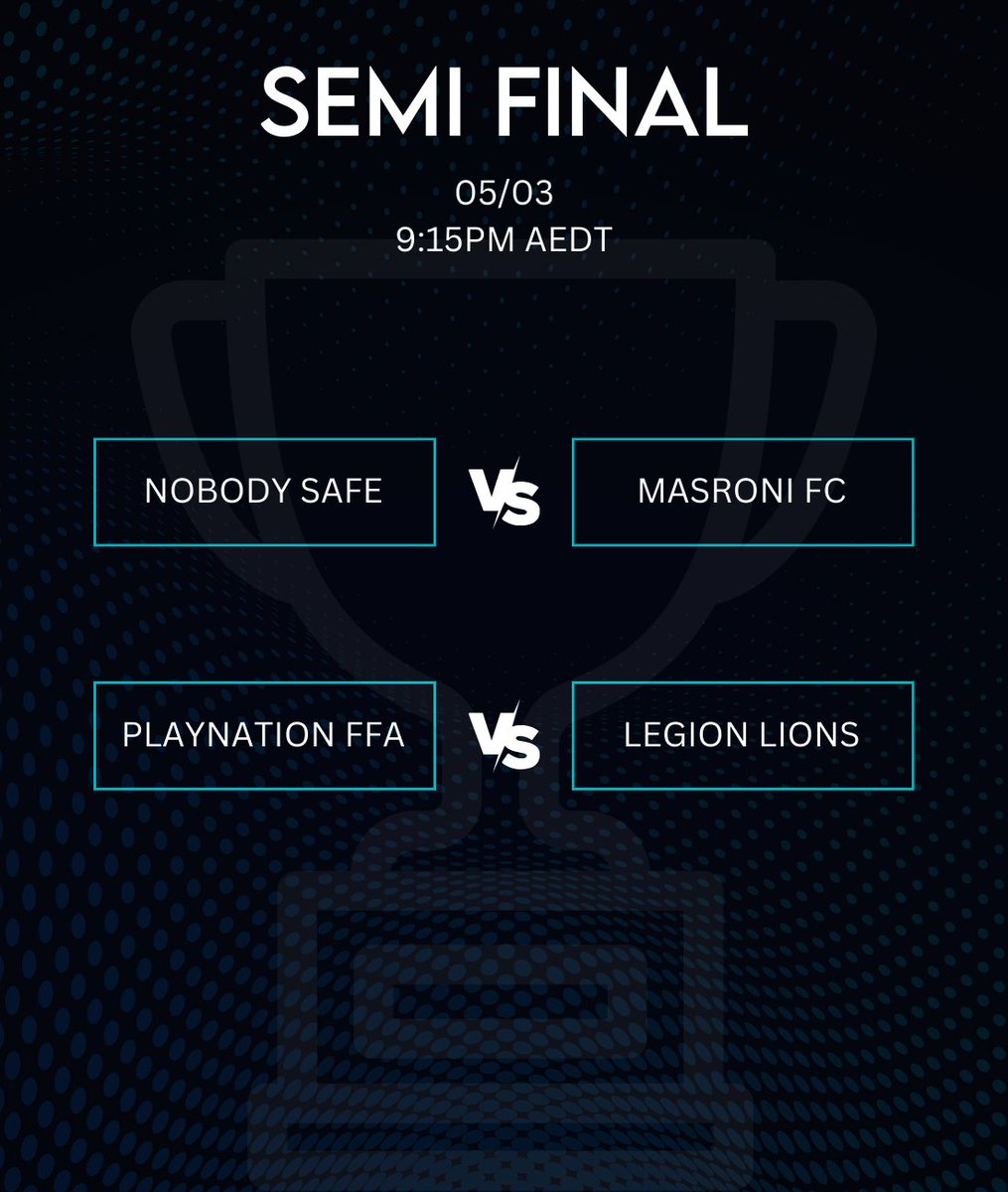 Semi Finals kicks off this Sunday the 5th, at 9:15pm AEDT.

Nobody Safe 🆚 Masroni FC
<a href="/Playnation_ES/">Playnation Esports</a> 🆚 Legion Lions FC