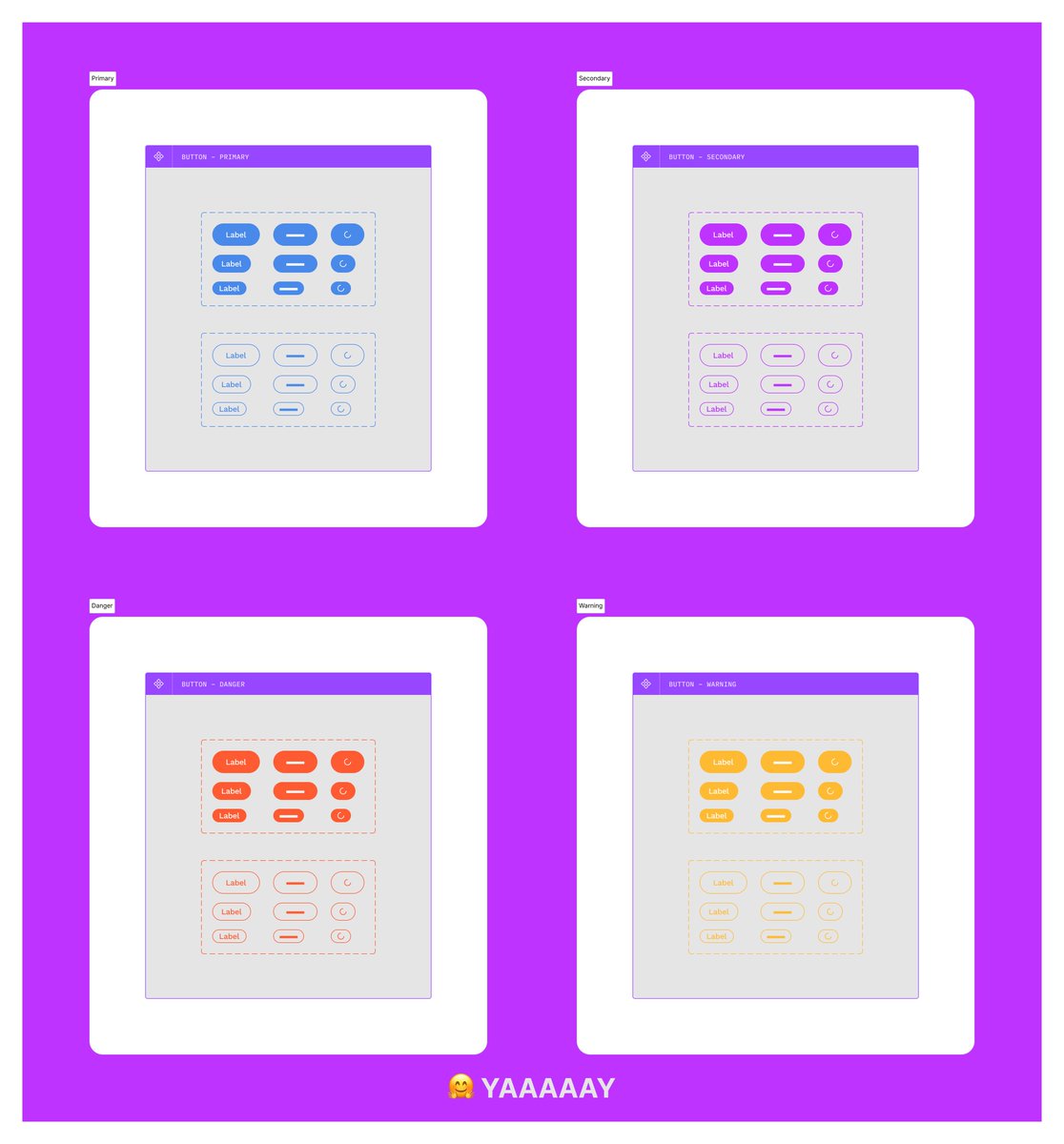 A set of four different Figma variant components. One for primary, secondary, danger, and warning components.