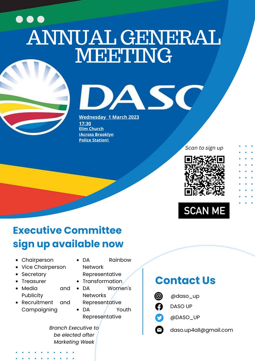 DASO UP’s AGM will take place on Wednesday 1st of March. 
We implore all our members to attend as well as encourage your friends to join. The sign up form for DASO UP as well as the Branch Executive applications. 
We cannot wait to see you all there. 💙