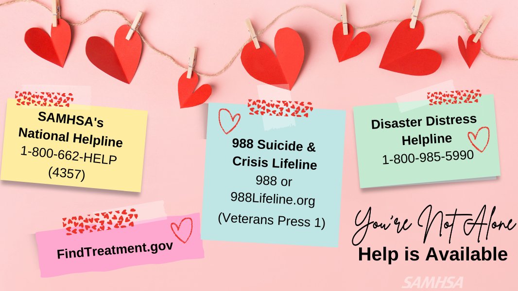 It's OK not to be OK. No matter what you're going through, help is available if you or someone you love is struggling with mental health or substance use.

❤️ Help yourself &amp; share to help others: samhsa.gov/find-help