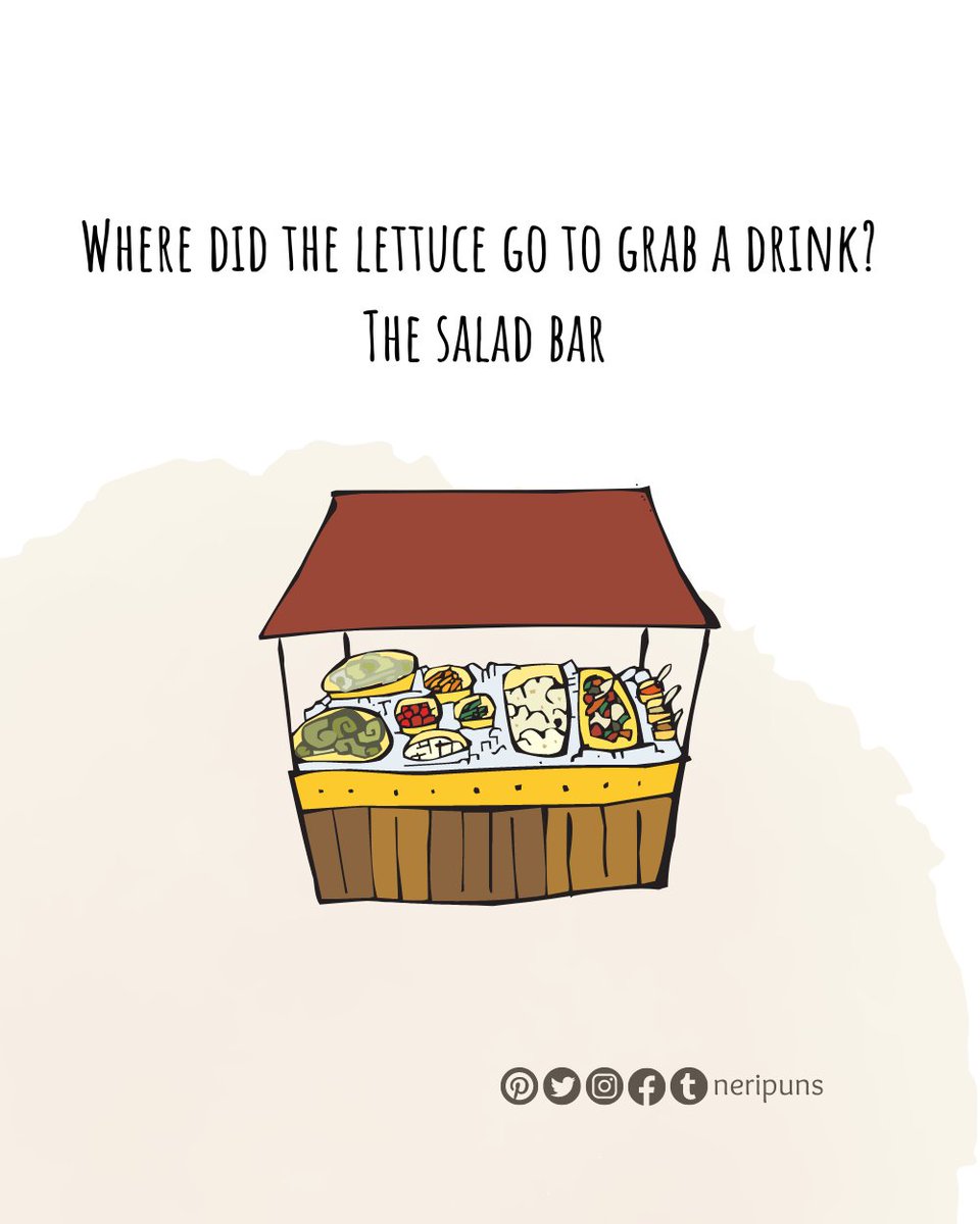 Where did the lettuce go to grab a drink? The salad bar
#puns #punquotes #wordpun #cutequote #funny #funnypun #funnyquote #wordplay #dailypun #punny #joke #dadjoke #funnydadjoke #stressbuster #saladbar #salad #foodpun #lettuce