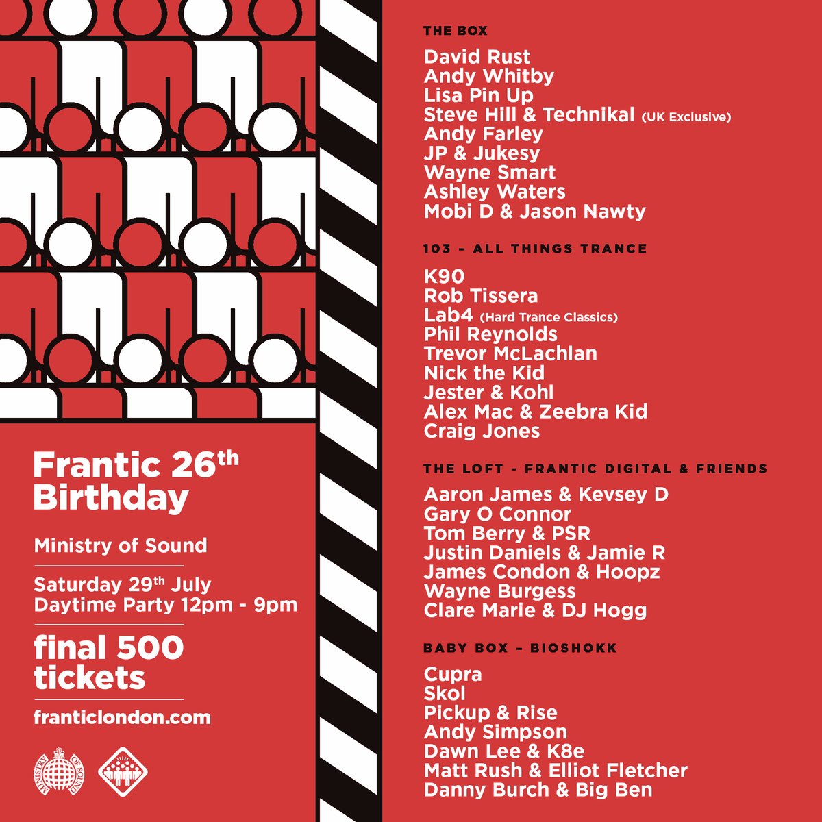 TICKET WARNING! We are now down to our final 500 tickets for the massive Frantic 26th Birthday at <a href="/ministryofsound/">Ministry of Sound</a> skiddle.com/e/36233666 
<a href="/DavidRustMusic/">David Rust</a>
 <a href="/DJANDYWHITBY/">Andy Whitby</a>
 <a href="/DJAndyFarley/">Andy Farley</a>
 <a href="/djstevehill/">Steve Hill</a>
 <a href="/Waynesmart1979/">Wayne Smart</a>
 <a href="/Ashley_Waters/">Ashley Waters</a>
 <a href="/PSRDJ/">paul ryan</a>
 <a href="/RobTissera/">DJ Rob Tissera</a>
