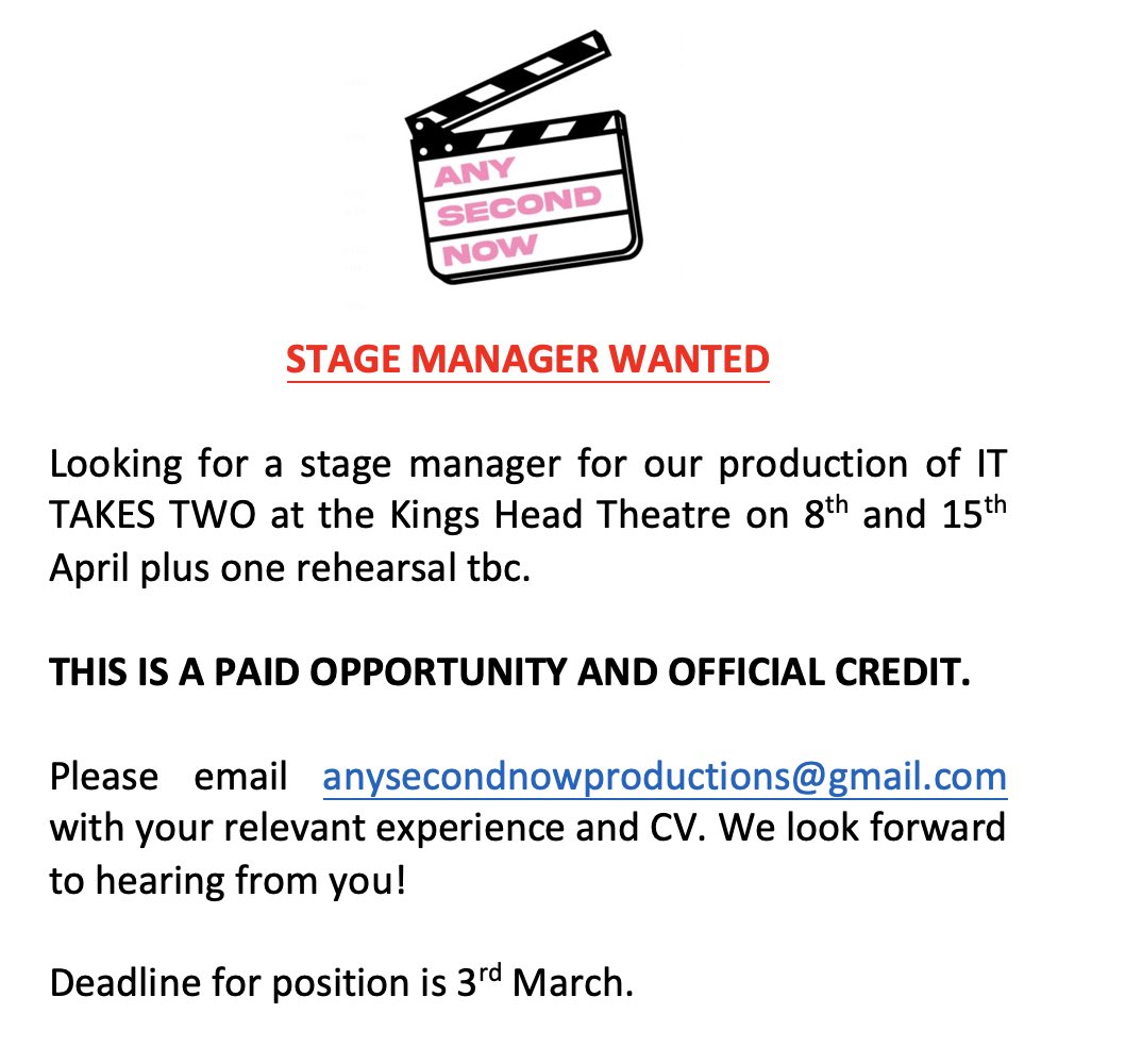 🚨 STAGE MANAGER WANTED  🚨

Please get in touch before this Friday to be considered. 

This is a PAID opportunity at the Kings Head Theatre, London.