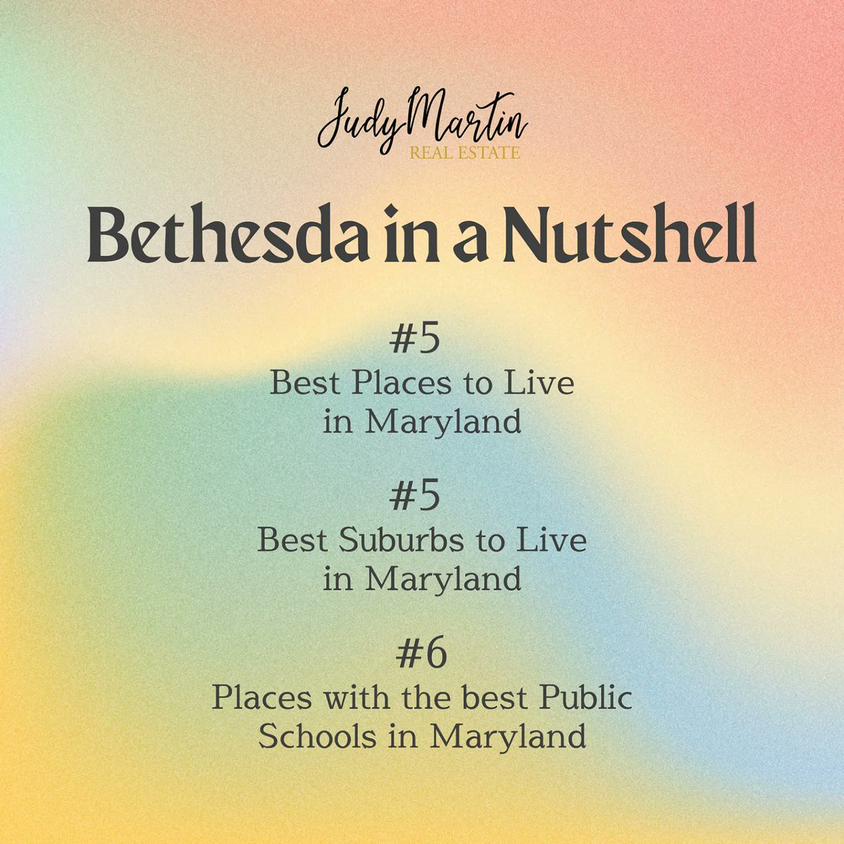 Why is living in #BethesdaMD a good idea?

👪Family-oriented community

🏠High ownership rate neighborhood

📚Top-level public schools

🌳Natural parks & urban feels

🍴Many dining & recreational spots

Want to move here?🚚 Contact me:

📞301-379-1700
📩judymartinsells@gmail.com