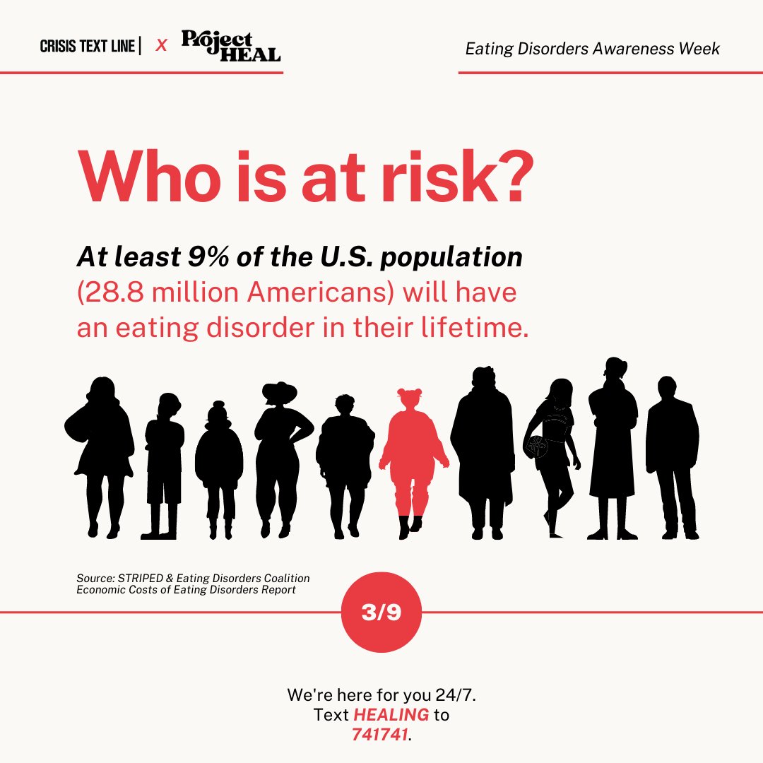 In honor of #EatingDisordersAwarenessWeek, @crisistextline is partnering with @TheProjectHEAL. Eating disorders are serious mental illnesses, with biological influences, marked by severe disturbances to one’s eating behaviors. (1/4)