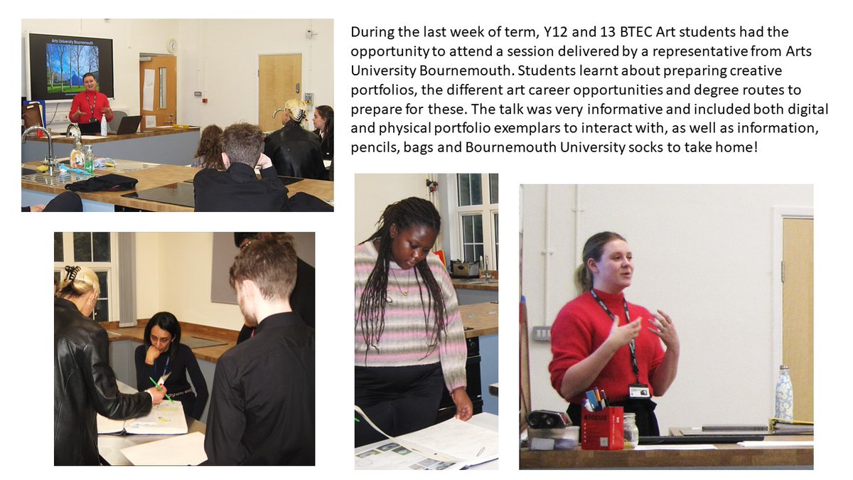 YR12 and YR13 BTEC Art students attended a session delivered by a representative from Arts University Bournemouth 
#ArtsUniversityBournemouth