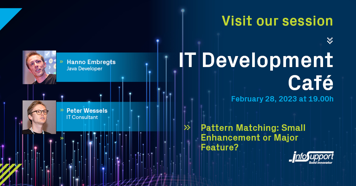 InfoSupportBV's tweet image. Tomorrow, @hannotify and @PeterWessels will talk about type #patterns, deconstruction patterns, nested patterns and how #patternmatching could improve serialization. Live coding included. A J-Fall 2022 top 10 rated session! infosupport.it/3m9lPkx 
#java #jvm #jvmlanguages