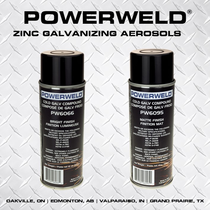 TechniweldCorp's tweet photo. NEW zinc galvanizing aerosols help protect surfaces from rust and corrosion. 
PW6066 contains 66% zinc and can be used to repair hot dip galvanizing with a bright finish.
PW6095 is a zinc-rich formula, containing 95% zinc and is equal to hot dip galvanizing with a matte finish. https://t.co/jeB8PuRvYn