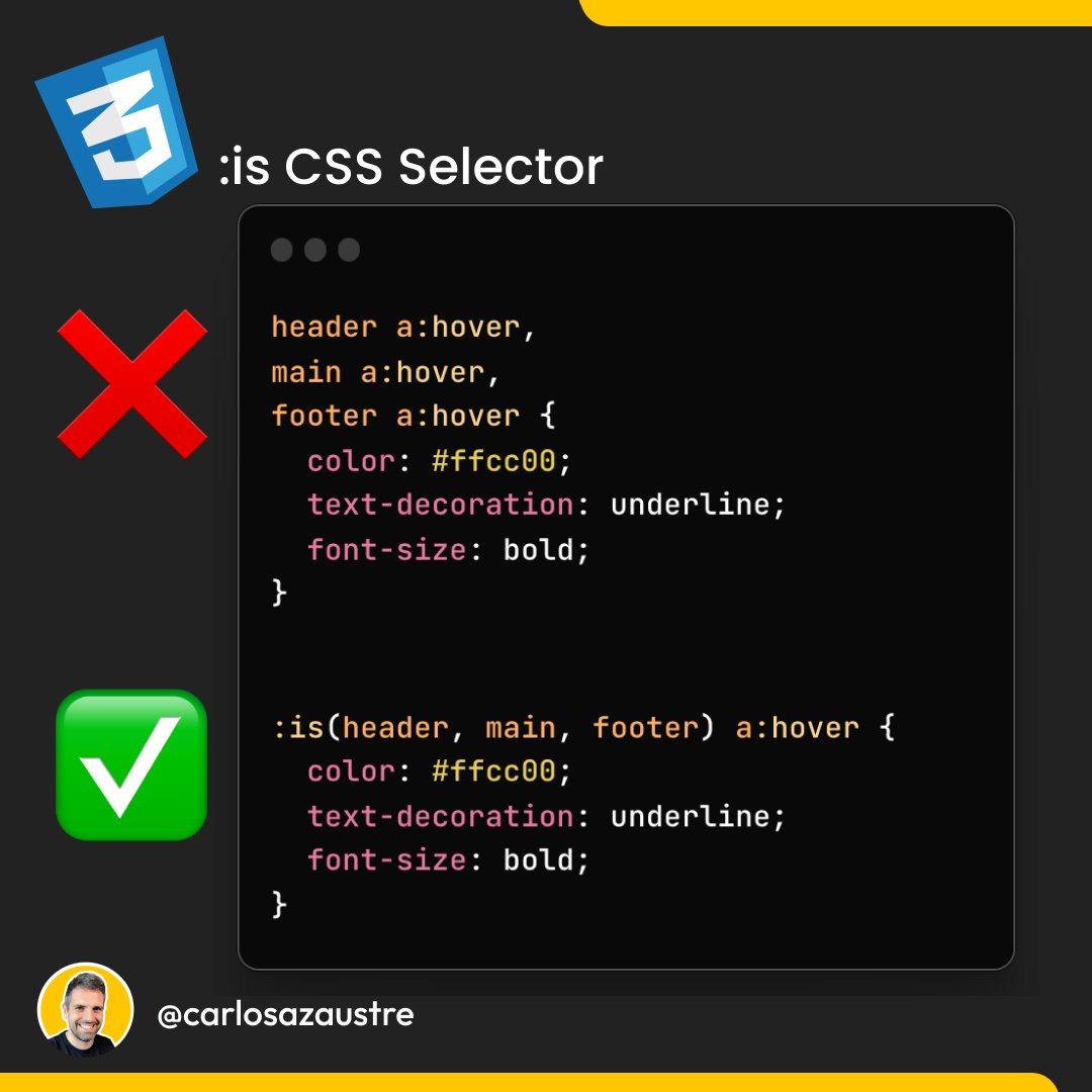 carlosazaustre's tweet image. ¿Conoces el selector :is de CSS? 

✅ Reduce tu código.
✅ Hace que tus hojas de estilo se vean más limpias y fáciles de leer.
✅ Compatible con la mayoría de los navegadores principales - échale un vistazo en &quot;Can I Use&quot;
