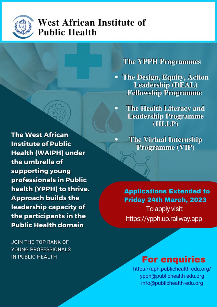 TheWaaph's tweet photo. Applications extended!

The West African Institute of Public Health (WAIPH) has extended its call for applications for programmes under the bouquet of supporting Young Professionals In Public Health (YPPH) 
#DEAL #VIP #publichealth #HLLP 

Apply today: https://t.co/PwnGH7eCd4 https://t.co/BwyxhFSmAE