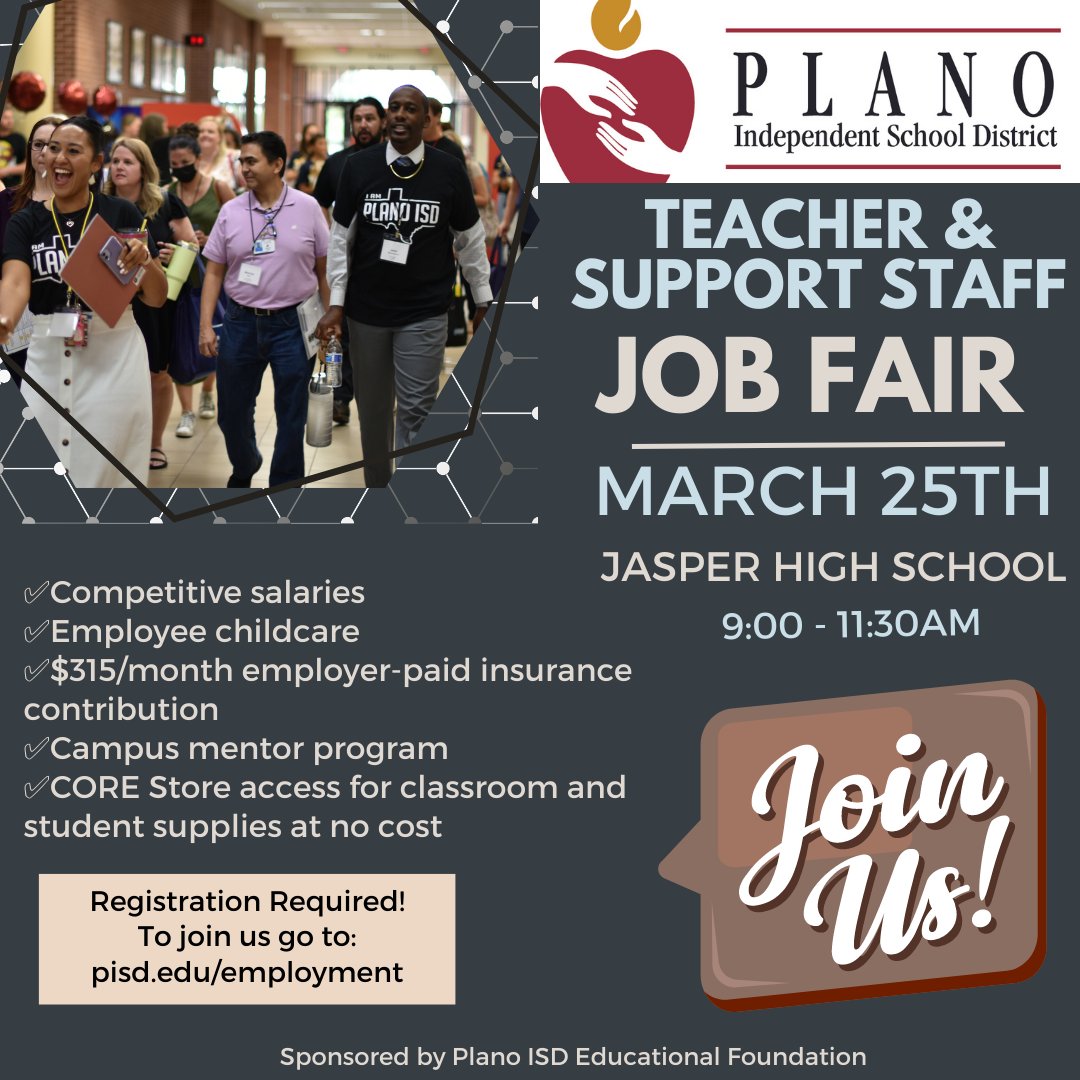 Plano_Schools's tweet photo. 👩‍🏫👨‍🏫Our Campus Mentor Program provides ongoing support through learning-focused relationships. New teachers receive a 2 year mentor and experienced teachers earn a mentor for 1 year! Attend our upcoming Job Fair, sponsored by the @PISDEF
https://t.co/LUYvLonGte
#BelievePlanoISD https://t.co/350KkEyujW