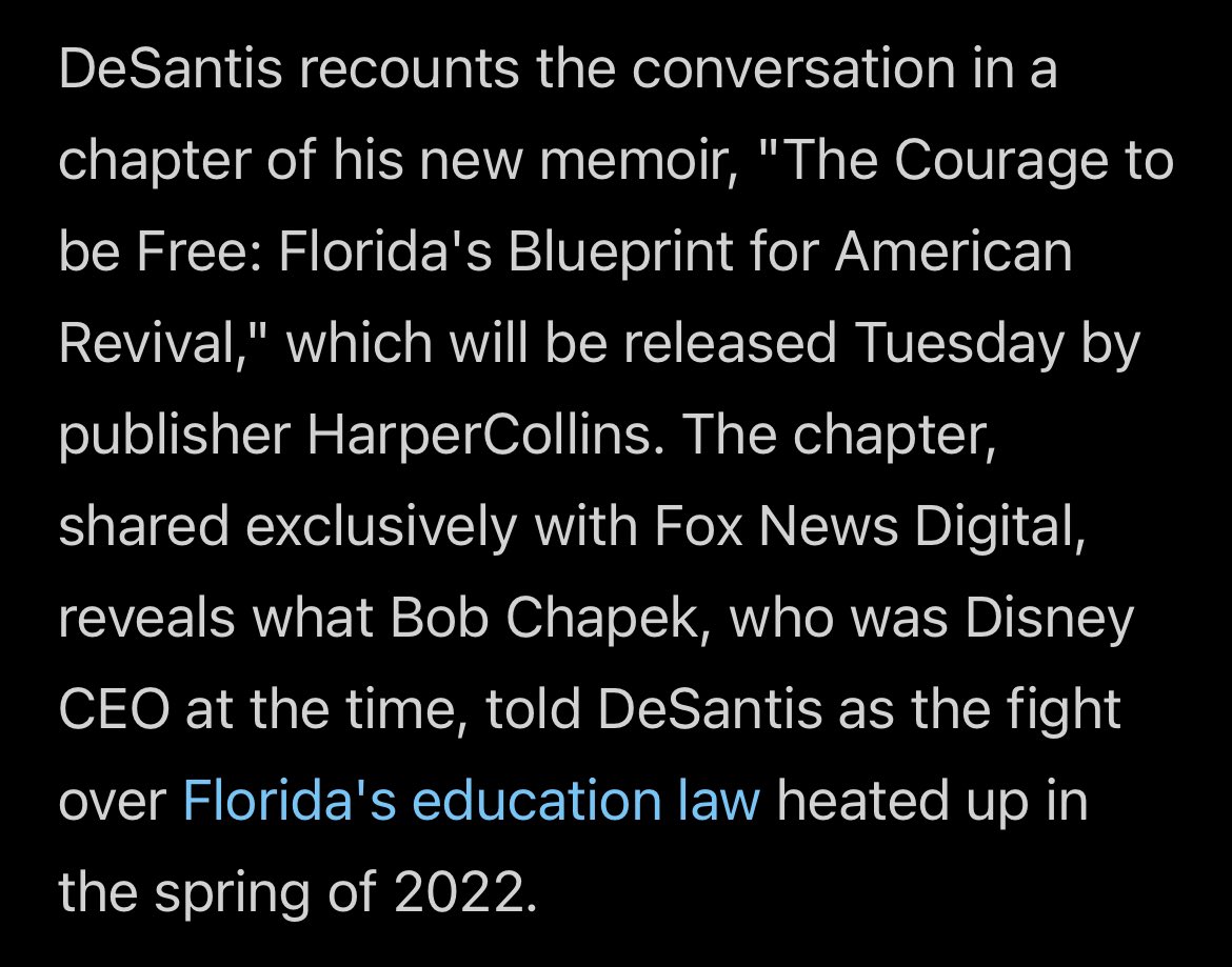 ScottGustin's tweet photo. Gov. Ron DeSantis claims Bob Chapek called him last year during the fight over the Fla. education law and said “he did not want Disney to get involved, but he was getting a lot of pressure to weigh in against the bill,” DeSantis wrote in an upcoming book.

https://t.co/8tEt3CX8rv https://t.co/qhXUYgzEla