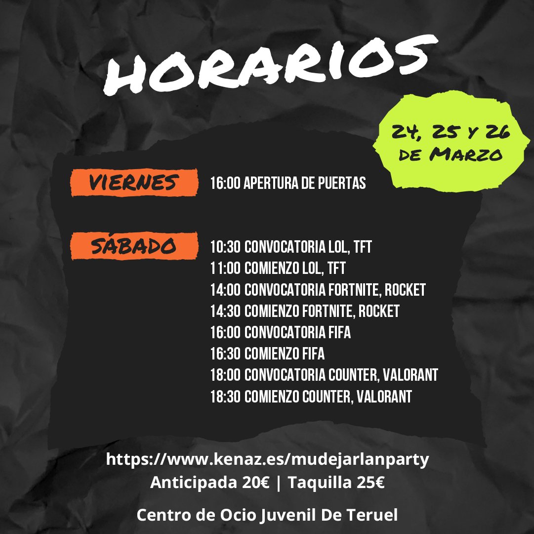📣¡Comenzamos la semana con los horarios de la Zona LAN PARTY!

🎟Inscripciones:
kenaz.es/mudejarlanparty

La inscripción incluye todos los torneos, aunque tienen plazas limitadas. 

Organiza <a href="/Ayto_Teruel/">Ayuntamiento de Teruel</a> @kenazesports

#teruel #aragon #mudejar #gamer #game #gaming #lanparty
