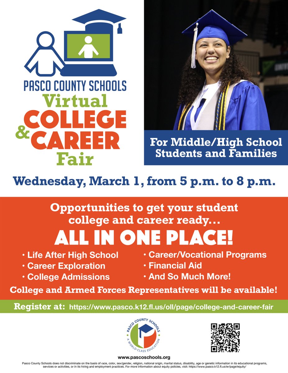 Pasco County Schools is hosting their 3rd annual virtual 𝐂𝐨𝐥𝐥𝐞𝐠𝐞 𝐚𝐧𝐝 𝐂𝐚𝐫𝐞𝐞𝐫 𝐅𝐚𝐢𝐫 on March 1, from 5 p.m. to 8 p.m., to help families and students as they plan for college and careers after high school. Learn more or register: pasco.k12.fl.us/oll/page/colle…