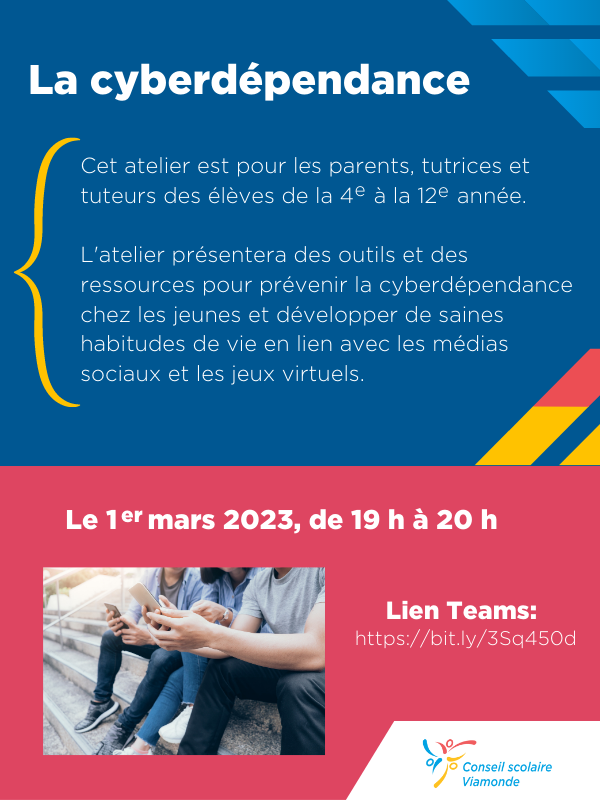ACMO_CSV's tweet photo. Voici un atelier offert par les services de santé mentale du Conseil qui présentera des outils et des ressources pour prévenir la cyberdépendance chez nos jeunes. Veuillez vous référer à l'image pour la description, la population cible, ainsi que le lien de connexion. https://t.co/h2Tm00Bwk1
