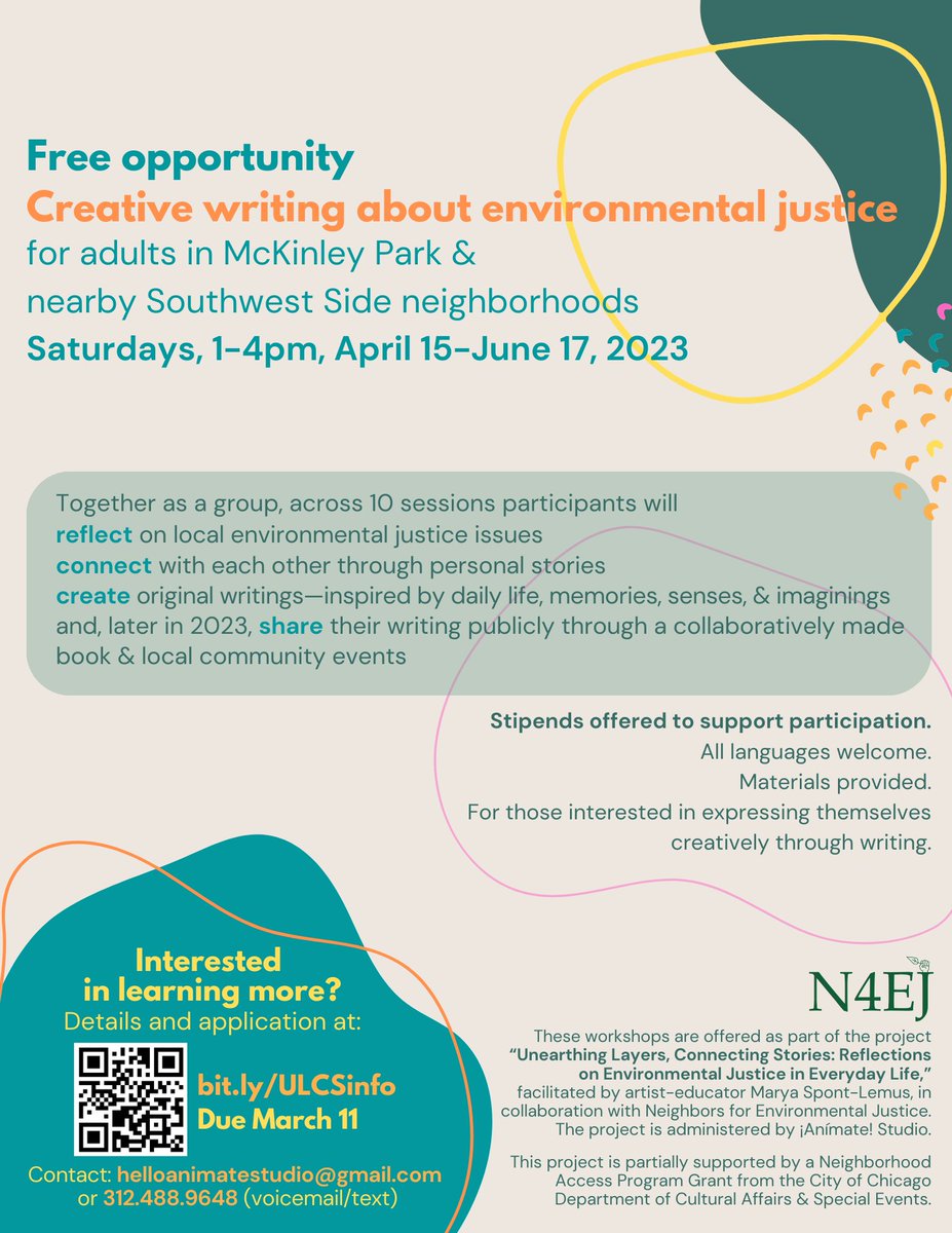 Apply for📝FREE creative writing workshops about environmental justice! For adults in McKinley Park &amp; nearby Southwest Side neighborhoods

🔗Details &amp; application: bit.ly/ULCSinfo 
⌛Due March 11
Spanish and Chinese translations in the thread