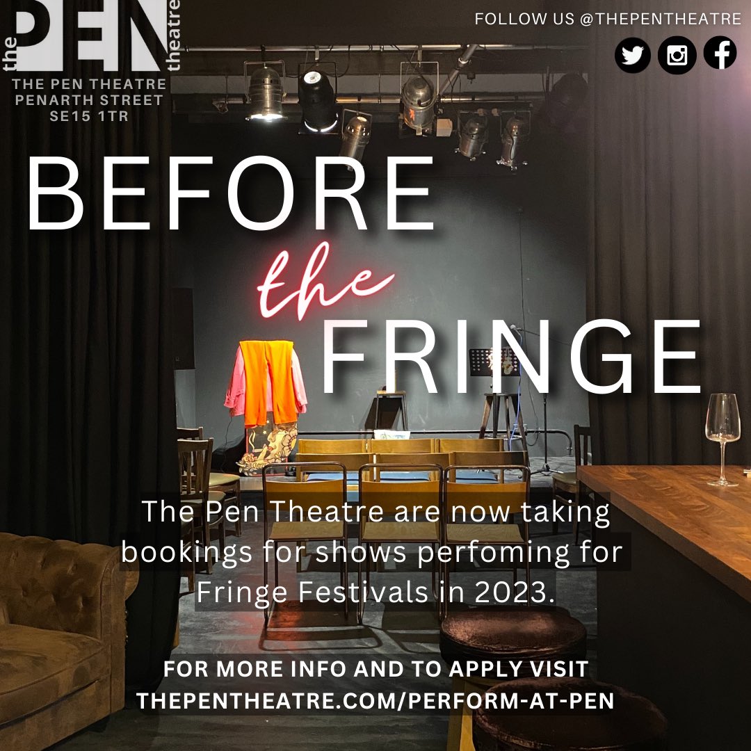 thepentheatre's tweet photo. 📣ARTIST OPPORTUNITY 📣 The Pen Theatre are now taking bookings for shows performing for Fringe Festivals in 2023! To apply visit https://t.co/uOFxtZoa9T #edinburghpreviews #londonpreview #londontheatre #wipvenue #blackboxtheatre #camdenfringe #brightonfringe #edinburghfringe https://t.co/PNSjdyK8kc