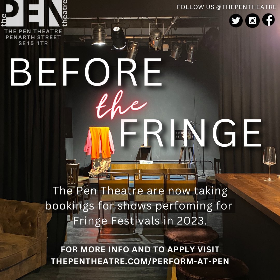 📣ARTIST OPPORTUNITY 📣 The Pen Theatre are now taking bookings for shows performing for Fringe Festivals in 2023! To apply visit thepentheatre.com/perform-at-pen #edinburghpreviews #londonpreview #londontheatre #wipvenue #blackboxtheatre #camdenfringe #brightonfringe #edinburghfringe