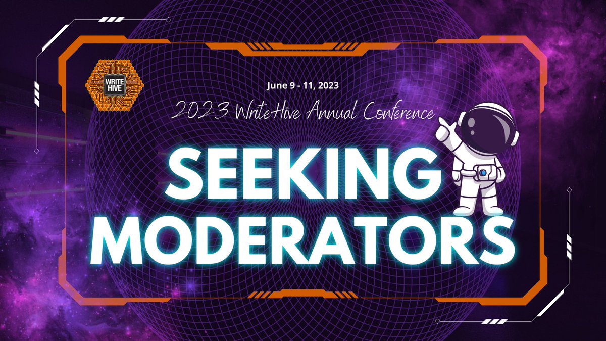 Write_Hive's tweet photo. We are looking for moderators for the #WriteHive2023 Conference June 9-11! We will train new moderators and will need mods both for recordings as well as assistance with new live activities. If you're interested, please fill out the application: https://t.co/uG3xSyKoF7 https://t.co/zBfdrlzESN