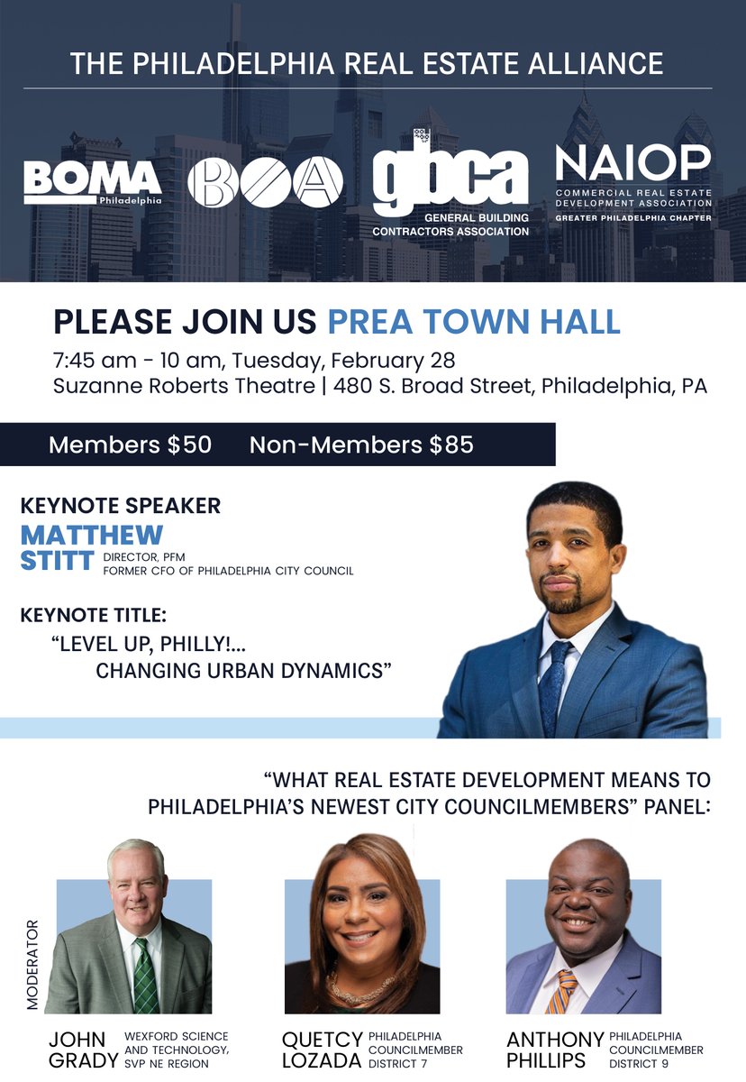 Join #PREA Tuesday morning at the Suzanne Roberts Theater for our Town Hall as we discuss real estate policy and opportunities in Philadelphia – featuring @LozadaQuetcy and @PhillipsDist9, Moderator @GradyJS and keynoter @Matt_Stitt. #NAIOPPHL  #PhillyCRE #development
