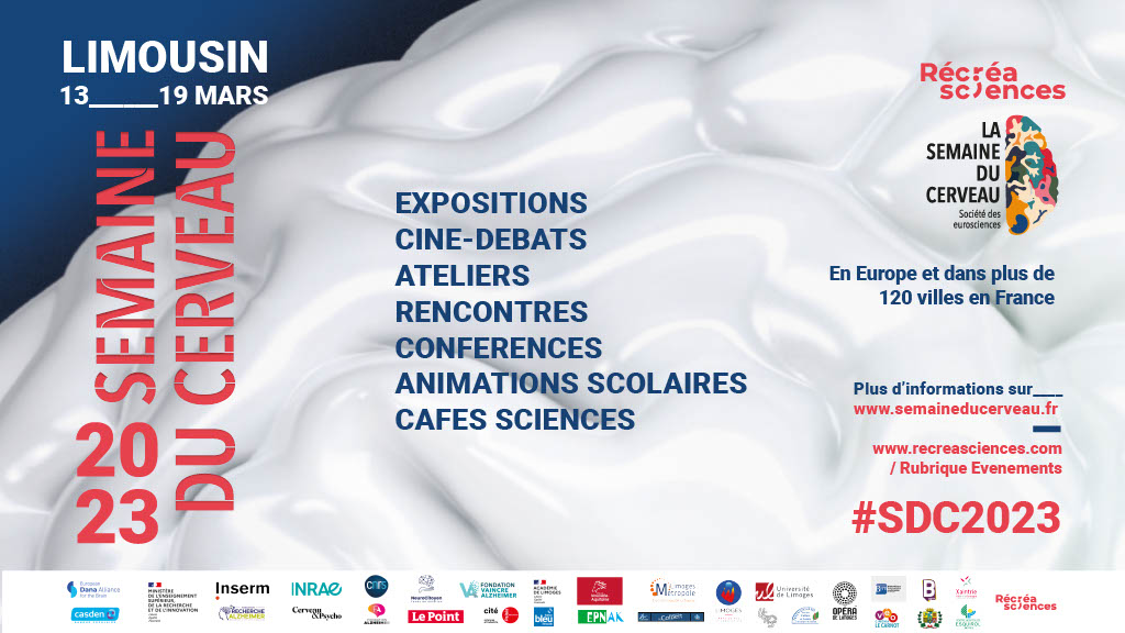 #EVENEMENT #SDC2023
La Semaine du Cerveau revient en territoire #Limousin pour une édition 2023🧠

Tout l'univers du cerveau par le biais de projections et de conférences de chercheurs experts👨‍🔬

Retrouvez toute la programmation ici : linktr.ee/recreasciences…