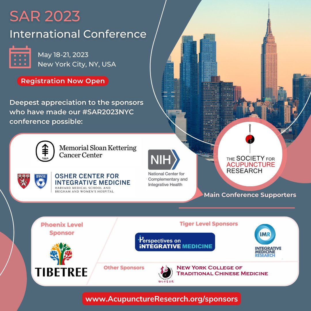 SAR extends its deepest appreciation to the #SAR2023NYC Conference Sponsors! 🤩
acupunctureresearch.org/sponsors

🚨 Exhibit space is selling out FAST at the conference - if you're interested in a sponsorship/exhibit, please email ltriplett@acupunctureresearch.org ASAP &amp; secure your space