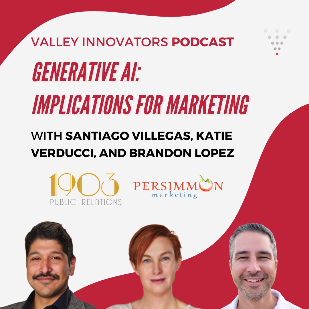 [New Podcast Alert 🎙️] Valley Innovators explores Generative AI Implications for Marketing with Katie Verducci and Santiago Villegas of <a href="/1903_pr/">1903PR</a>. 

Are we headed to massive productivity gains or a world of marketing mediocrity? 
valleyinnovators.com/podcast-episod… #futureofwork #generativeAI
