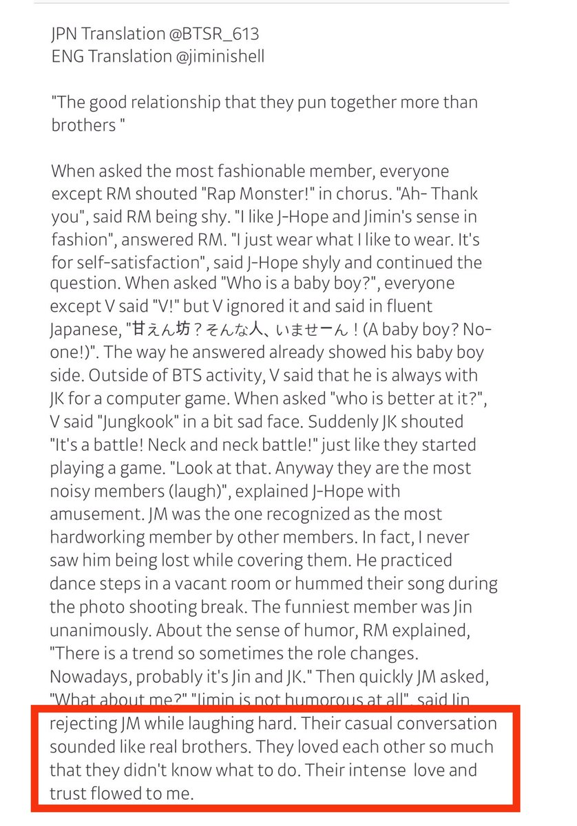 myyouwithjk's tweet photo. "bts dyingly love eachother" - Bang PD

"they love eachother so much , that they don't know what to do" - CREA editor

"bts manages to do well together, even on long work days  ..this is because they truly care about eachother .. they're actually friends " - Jessi https://t.co/9n8JwiwZ4l