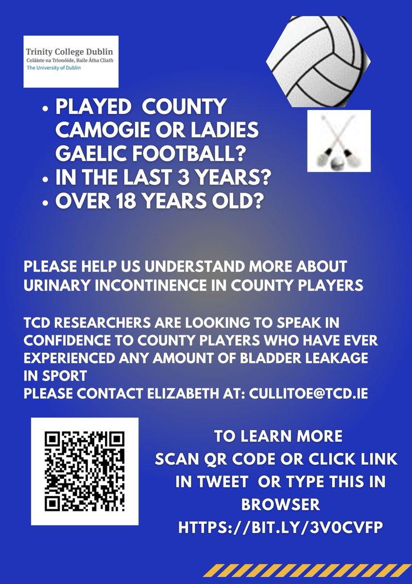 📢Calling County Camogie and Ladies Gaelic Football players. One out of two players can experience some urine leakage in competition or training. We need to hear from players about their experience of this. More info-See link: bit.ly/3V0cvfp #womeninsportire Please RT