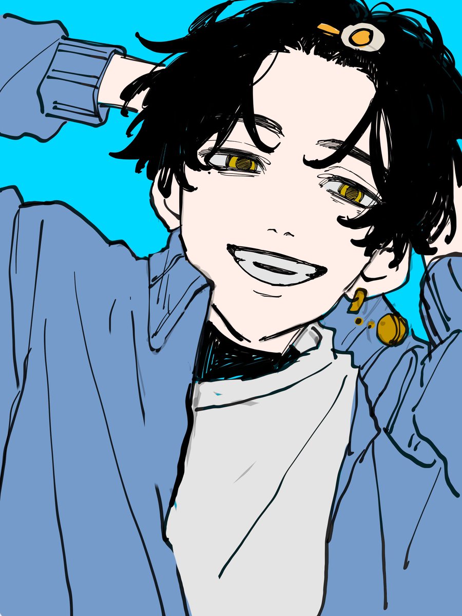 solo black hair smile male focus 1boy yellow eyes jacket  illustration images