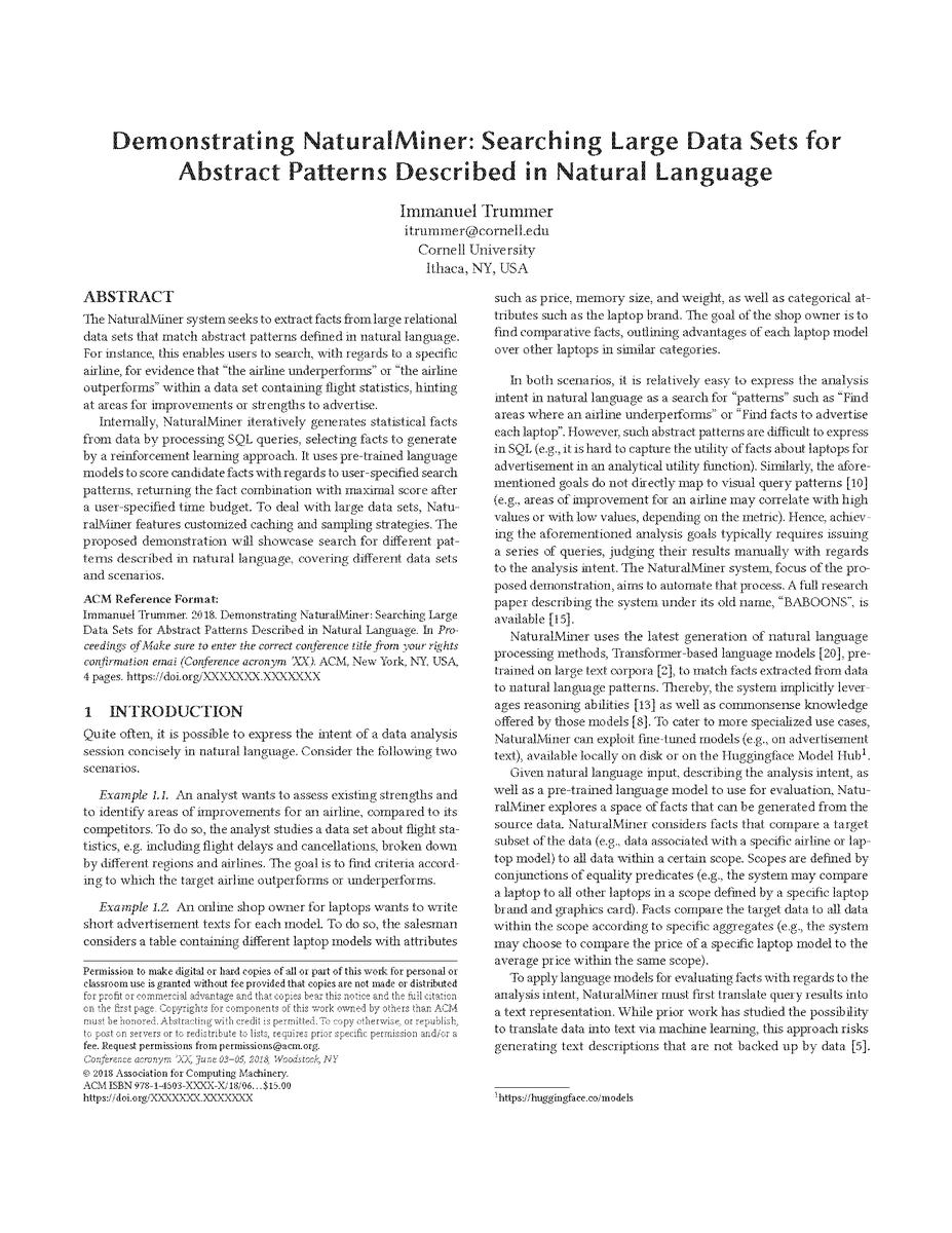 ImmanuelTrummer's tweet image. Two demos accepted at #SIGMOD2023!
- ThalamusDB: querying multi-modal data with SQL+natural language predicates
- NaturalMiner: mining data for patterns described in natural language
See you in #Seattle!
#DB #ML #AI #SQL #DataScience #LanguageModels #FoundationModels #GPT #Data