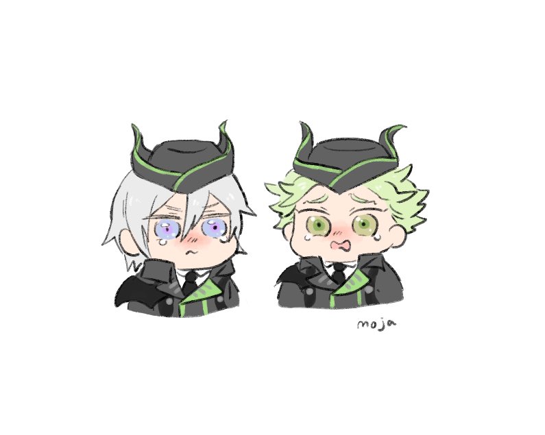 multiple boys 2boys male focus green eyes green hair hat tears  illustration images