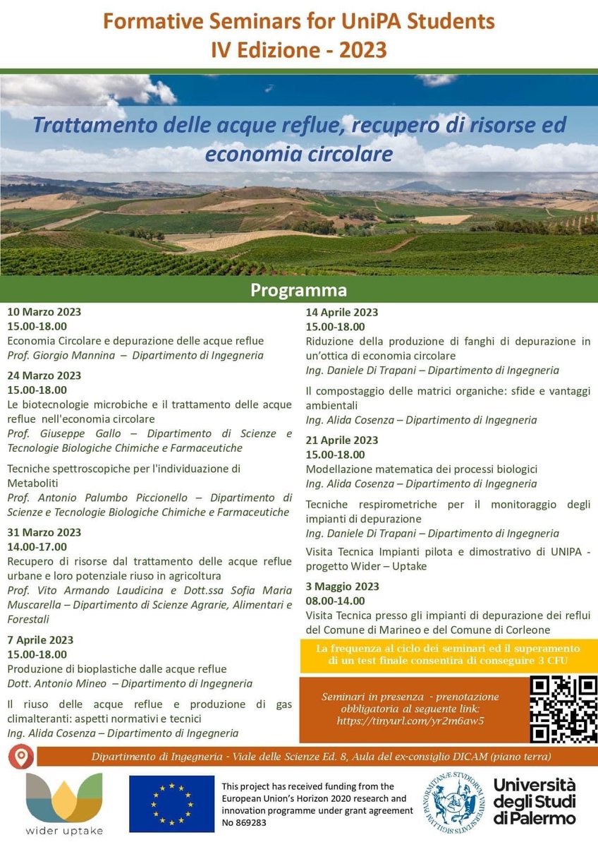 📣On 10 March 2023 the 4th edition of FORSEM (Formative seminar For Unipa Students) will start.First lesson will be delivered by Prof. Giorgio Mannina about WiderUptake project. 
Don’t miss the opportunity to attend.Enrol now at:
docs.google.com/forms/d/e/1FAI…
#circulareconomy