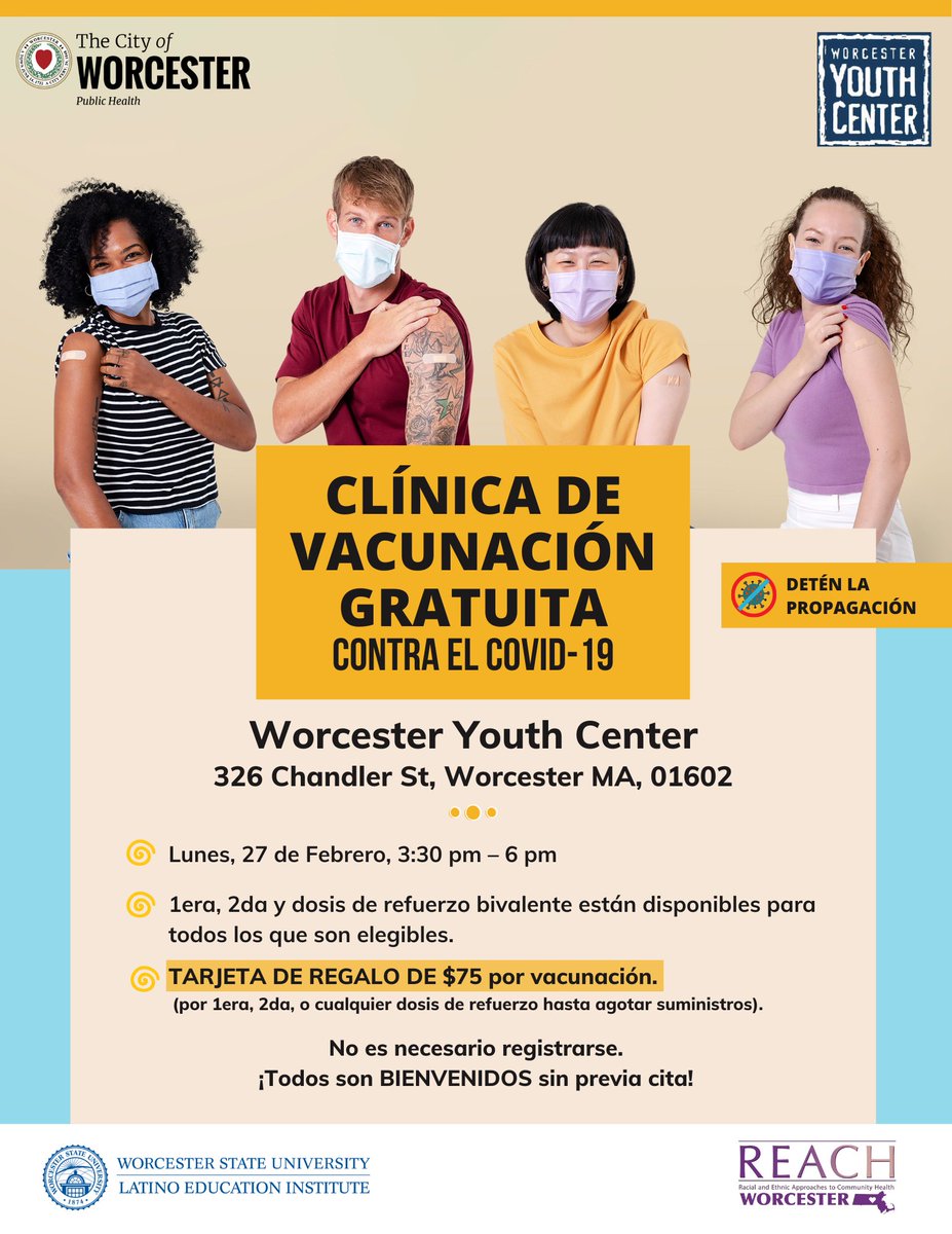 LEI Health Ambassadors team is calling all YOUTH for a Special YOUTH Vaccine Clinic today at the Worcester Youth Center ⚡
Come from 3:30 pm to 6 pm, get your COVID-19 shot, and receive a $75 gift card! ✌ #Healthambassadors #LatinoEducation #Worcesterma