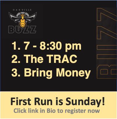 BuzzTheHive's tweet photo. It’s time!  First Run. This Sunday, March 5th, 7:00-8:30pm at the TRAC.  If you want to play you need to be seen.  If you want to be seen - come to the run!  Eligible U-17s… please be sure to be registered with your minor association. https://t.co/jMBqwkaGwi