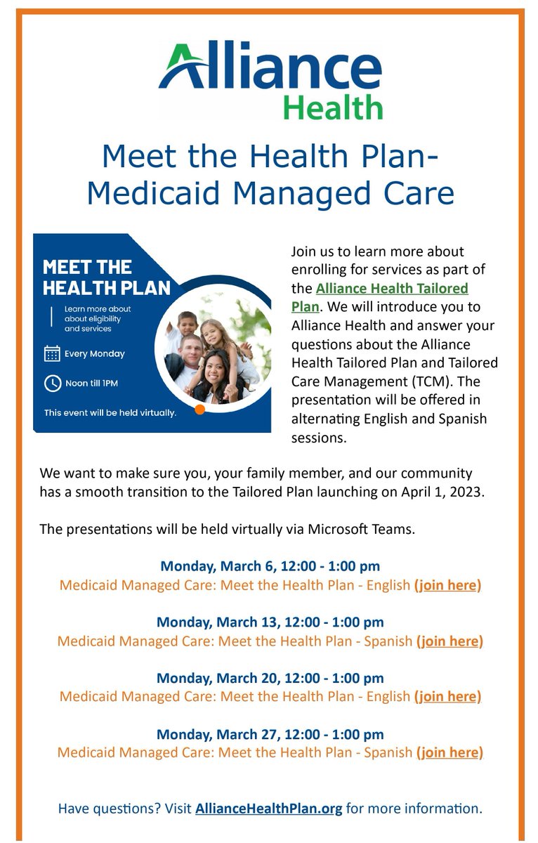 SOCofMeck's tweet image. Meet the Health Plan - Learn more about #Medicaid #ManagedCare in NC and the @Alliancebhc  #TailoredPlan and #TailoredCaseManagement this March #virtualevent #webinar