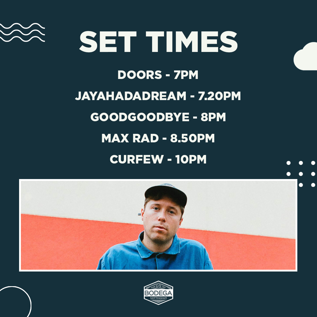 The Bodega (@bodeganotts) on Twitter photo SET TIMES
Bristol's finest multi-instrumentalist <a href="/maxradmaxrad/">maxradmaxrad</a> shows off his debut album tonight with <a href="/goodgoodbyeband/">GOODGOODBYE</a> and <a href="/JayaHadADream/">Jaya</a>.
We've still got tickets on the door for a sweet triple bill to level up your weekend... SET TIMES
Bristol's finest multi-instrumentalist <a href="/maxradmaxrad/">maxradmaxrad</a> shows off his debut album tonight with <a href="/goodgoodbyeband/">GOODGOODBYE</a> and <a href="/JayaHadADream/">Jaya</a>.
We've still got tickets on the door for a sweet triple bill to level up your weekend...